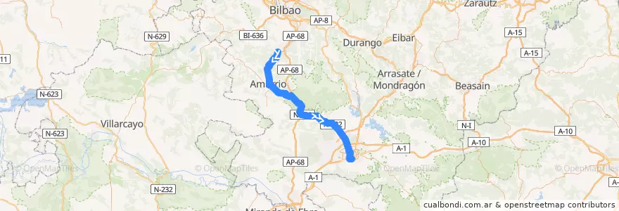 Mapa del recorrido A15 Laudio/Llodio → Luiaondo → Amurrio → Vitoria-Gasteiz → Universidad de la línea  en Araba/Álava.