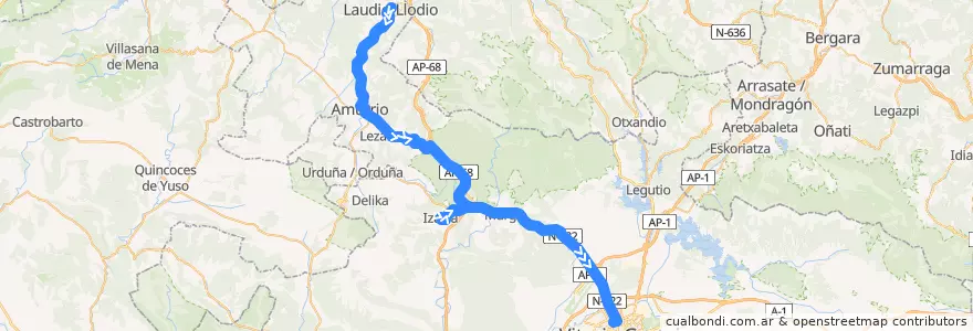 Mapa del recorrido A15 Laudio/Llodio → Luiaondo → Amurrio → Izarra → Murgia → Zaitegi → Vitoria-Gasteiz de la línea  en Алава.