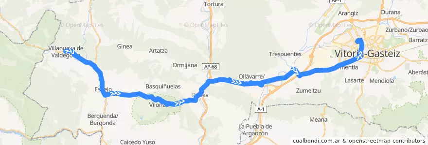 Mapa del recorrido A13 Villanueva de Valdegovía → Nanclares de la Oca/Langraiz Oka → Vitoria-Gasteiz de la línea  en Araba/Álava.