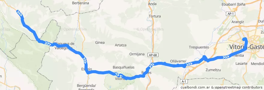 Mapa del recorrido A13 Bóveda → Villanueva de Valdegovía → Nanclares de la Oca/Langraiz Oka → Subillabide → Vitoria-Gasteiz de la línea  en Álava.