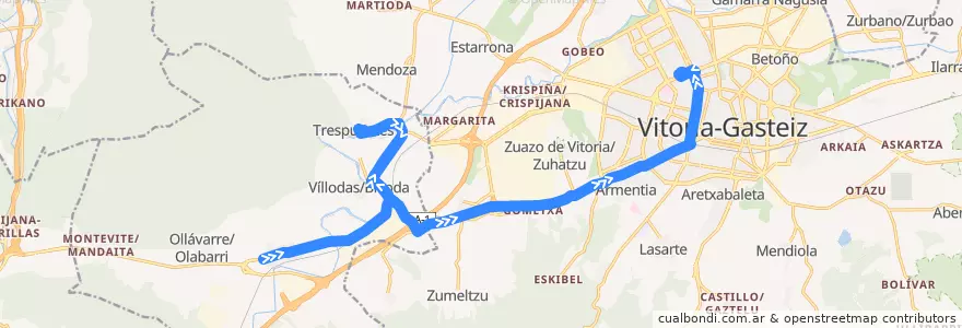 Mapa del recorrido A13 Nanclares de la Oca/Langraiz Oka → Víllodas/Billoda → Vitoria-Gasteiz de la línea  en Алава.