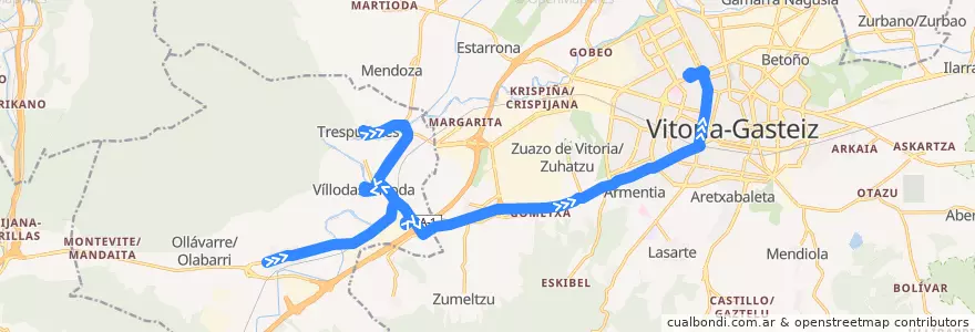 Mapa del recorrido A13 Nanclares de la Oca/Langraiz Oka → Víllodas/Billoda (Centro) → Subillabide → Vitoria-Gasteiz de la línea  en Alava.