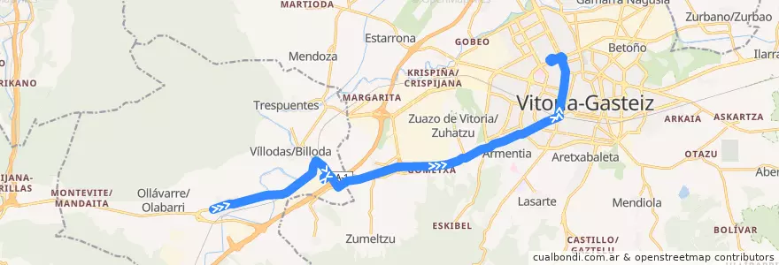 Mapa del recorrido A13 Nanclares de la Oca/Langraiz Oka → Subillabide → Vitoria-Gasteiz de la línea  en Álava.
