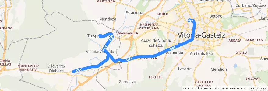 Mapa del recorrido A13 Vitoria-Gasteiz → Víllodas/Billoda → Nanclares de la Oca/Langraiz Oka de la línea  en Álava.