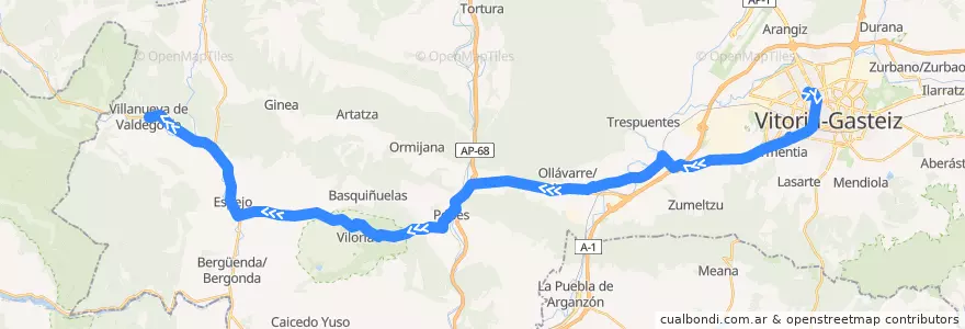 Mapa del recorrido A13 Vitoria-Gasteiz → Nanclares de la Oca/Langraiz Oka → Villanueva de Valdegovía de la línea  en Araba/Álava.