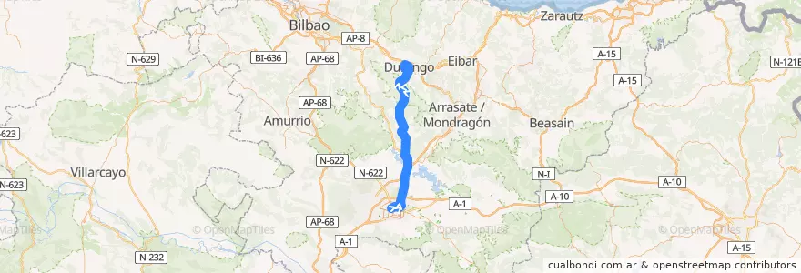 Mapa del recorrido A18 Vitoria-Gasteiz → Boulevard → Durango de la línea  en Comunidade Autónoma do País Basco.