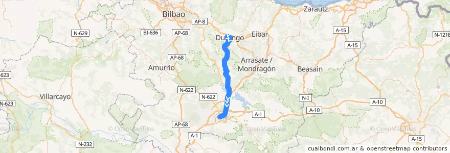 Mapa del recorrido A18 Durango → Vitoria-Gasteiz de la línea  en إقليم الباسك.