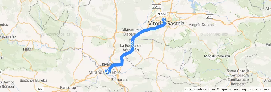 Mapa del recorrido A19 Miranda de Ebro → Vitoria-Gasteiz de la línea  en Álava.