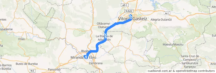 Mapa del recorrido A19 Vitoria-Gasteiz → Miranda de Ebro de la línea  en Araba/Álava.