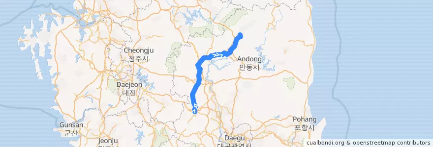Mapa del recorrido 경북선 de la línea  en Gyeongsangbuk-do.