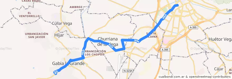 Mapa del recorrido Bus 0156: Las Gabias → Churriana de la Vega → Armilla → Granada de la línea  en Comarca de la Vega de Granada.