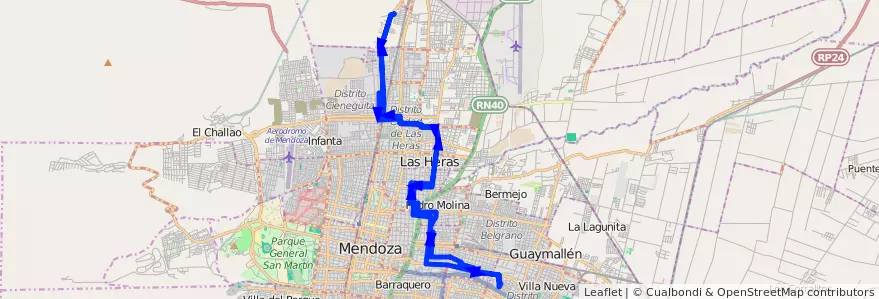 Mapa del recorrido 88 - Vinculación las Heras - Notti - Shopping de la línea G04 en Mendoza.