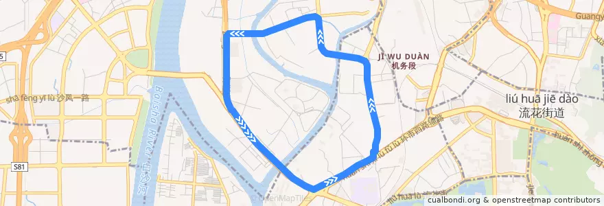 Mapa del recorrido 729B路(地铁西村站总站环线) de la línea  en Guangzhou City.