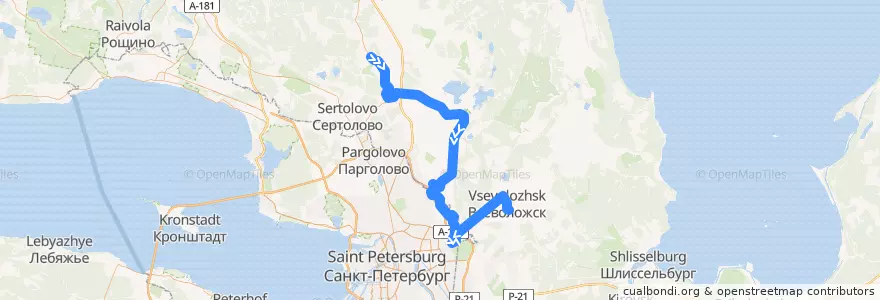 Mapa del recorrido Автобус № 624: Агалатово => ж/д платформа "Всеволожская" de la línea  en Oblast Leningrad.