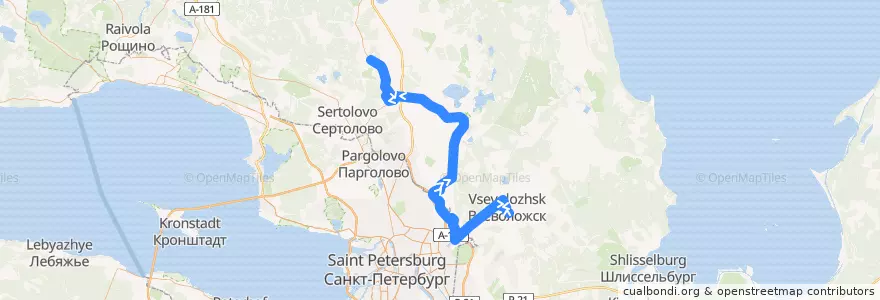 Mapa del recorrido Автобус № 624: ж/д платформа "Всеволожская" - Агалатово de la línea  en Всеволожский район.