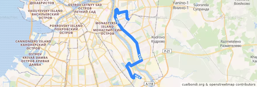 Mapa del recorrido Автобус № 5: улица Грибакиных => ст. м. Ладожская de la línea  en Санкт-Петербург.