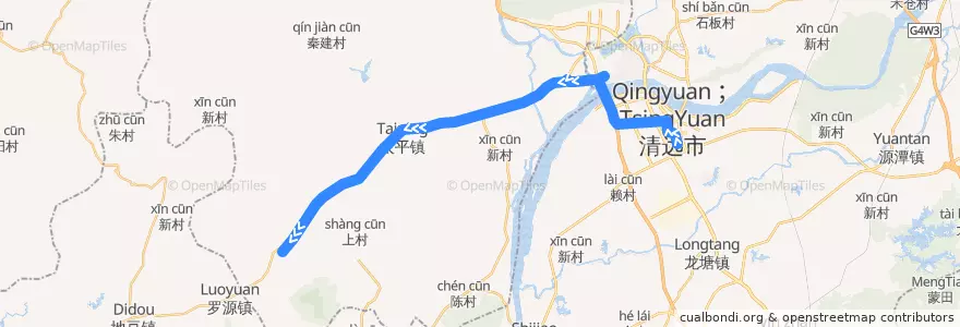 Mapa del recorrido 清远215路公交（市人民医院→三坑客运站） de la línea  en Qingyuan City.