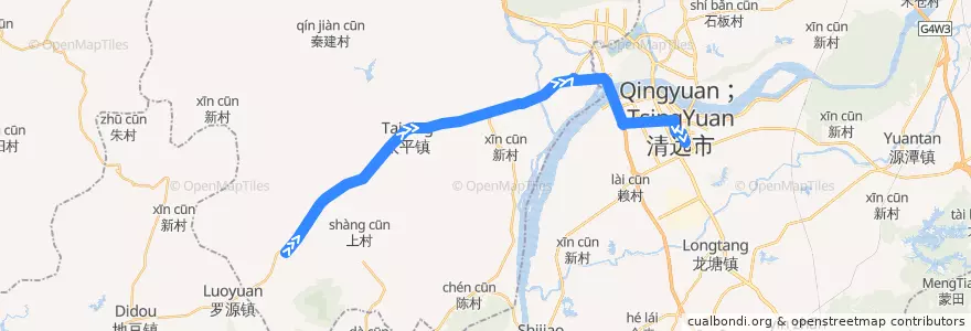 Mapa del recorrido 清远215路公交（三坑客运站→市人民医院） de la línea  en Цинъюань.
