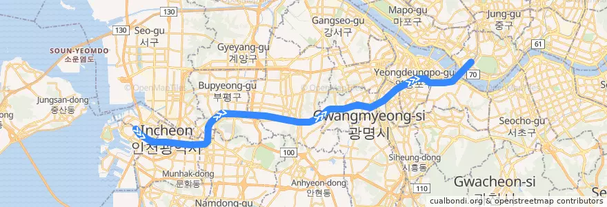 Mapa del recorrido 수도권 전철 1호선 경인·경원 계통: 용산 급행 de la línea  en 韩国/南韓.