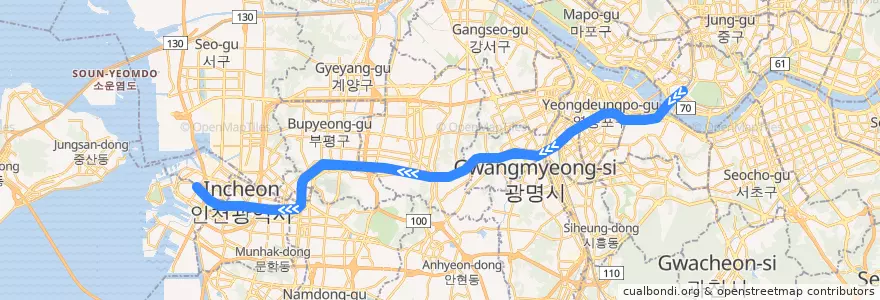 Mapa del recorrido 수도권 전철 1호선 경인·경원 계통: 동인천 급행 de la línea  en 大韓民国.