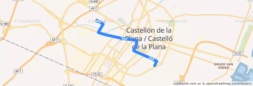 Mapa del recorrido L12 Passeig Ribalta-UJI-Comissaria Policia de la línea  en Castelló de la Plana.