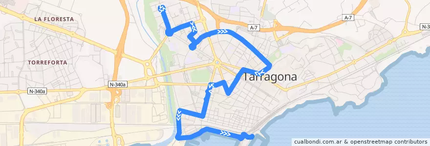 Mapa del recorrido L22 Hospital Joan XXIII - El Serrallo - Port Esportiu de la línea  en Tarragona.