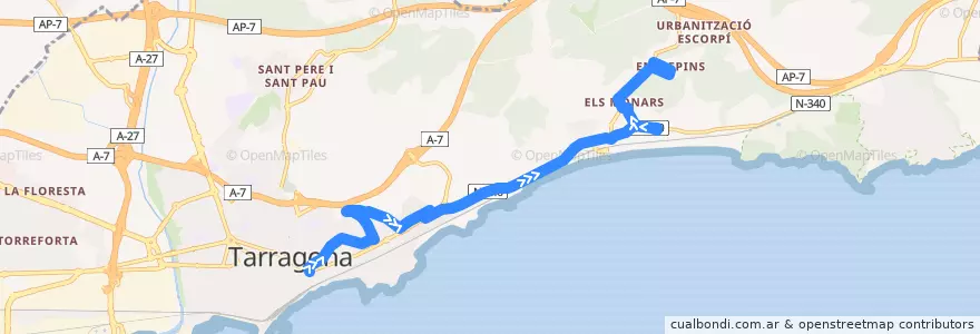 Mapa del recorrido L13 Passeig de les Palmeres - Entrepins de la línea  en Tarragona.