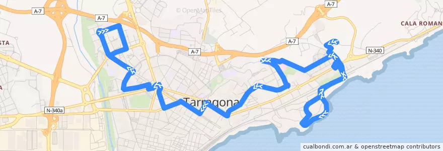 Mapa del recorrido L8 Vall de l'Arrabassada- Camí de la Cuixa- Hospital Joan XXIII de la línea  en 타라고나.