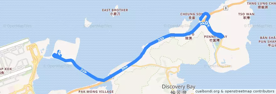 Mapa del recorrido 城巴B5線 Citybus B5 (大橋香港口岸 HZMB HK Port → 欣澳站 Sunny Bay Station) de la línea  en Nuevos Territorios.