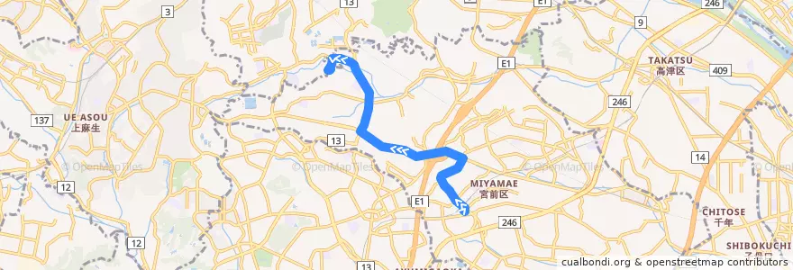 Mapa del recorrido 鷺31 鷺沼駅 => 聖マリアンナ医科大学 de la línea  en Miyamae Ward.