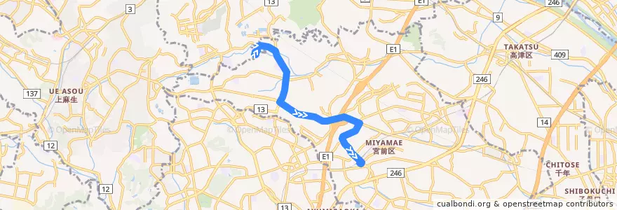 Mapa del recorrido 鷺31 聖マリアンナ医科大学 => 鷺沼駅 de la línea  en Miyamae Ward.
