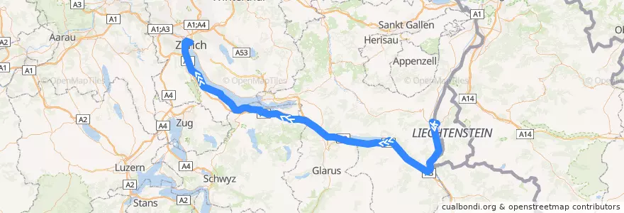 Mapa del recorrido EN 40462: Budapest => Zürich de la línea  en Suiza.