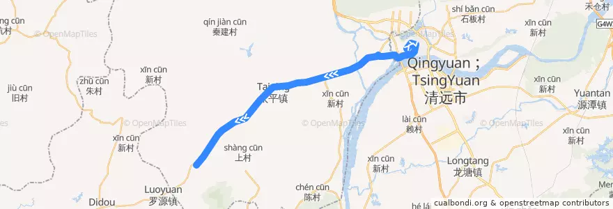 Mapa del recorrido 清远216路公交（西门塘公交总站→三坑客运站） de la línea  en Qingxin District.