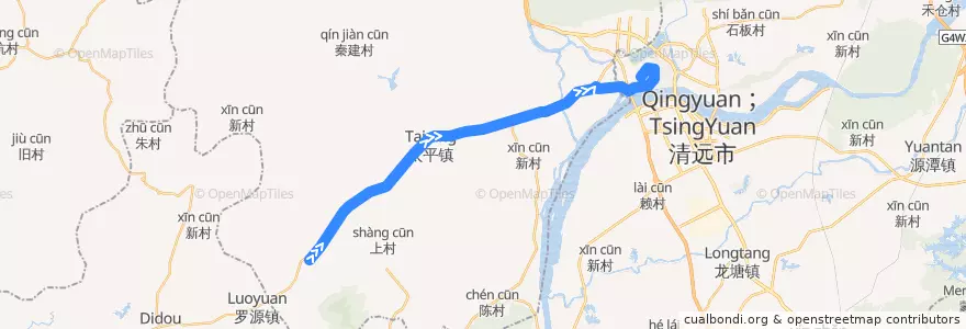 Mapa del recorrido 清远216路公交（三坑客运站→西门塘公交总站） de la línea  en Qingxin District.