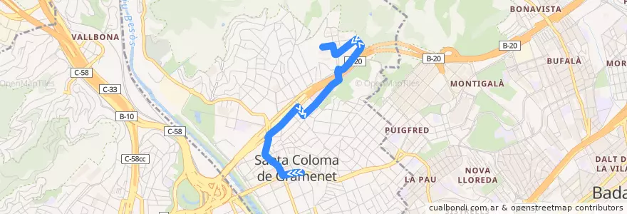 Mapa del recorrido B82 Santa Coloma de Gramenet Plaça de la Vila - Recinte Torribera de la línea  en Santa Coloma de Gramenet.