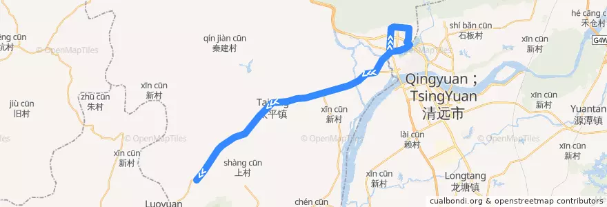 Mapa del recorrido 清远217路公交（城北客运站→三坑客运站） de la línea  en 清新区.