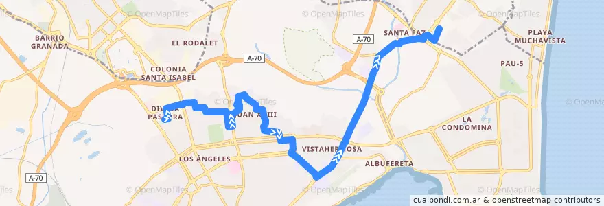 Mapa del recorrido 11H: Divina Pastora ⇒ Virgen del Remedio ⇒ Hospital de Sant Joan de la línea  en Alicante.