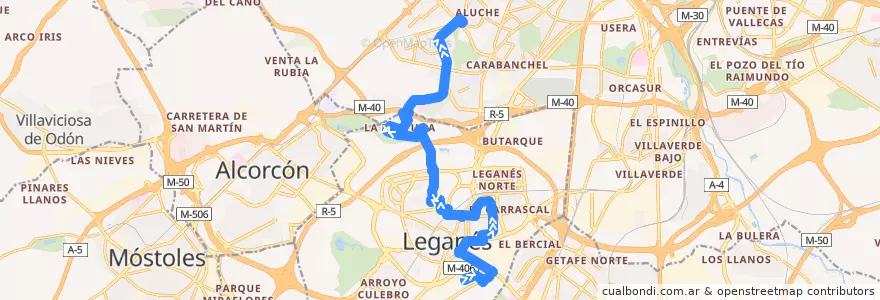 Mapa del recorrido 483 Leganés (Vereda de los Estudiantes) - Madrid (Aluche) de la línea  en Área metropolitana de Madrid y Corredor del Henares.