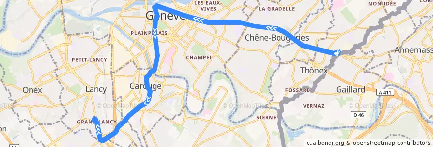 Mapa del recorrido Tram 12: Moillesulaz → Palettes de la línea  en ژنو.