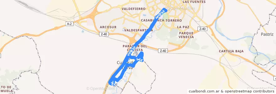 Mapa del recorrido Bus 410B: Zaragoza - Cuarte de Huerva de la línea  en Zaragoza.