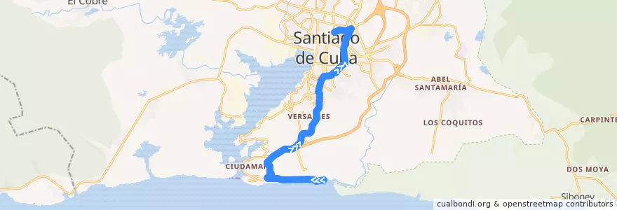 Mapa del recorrido Ruta 253. Yarayo->Aguadores de la línea  en Santiago de Cuba.