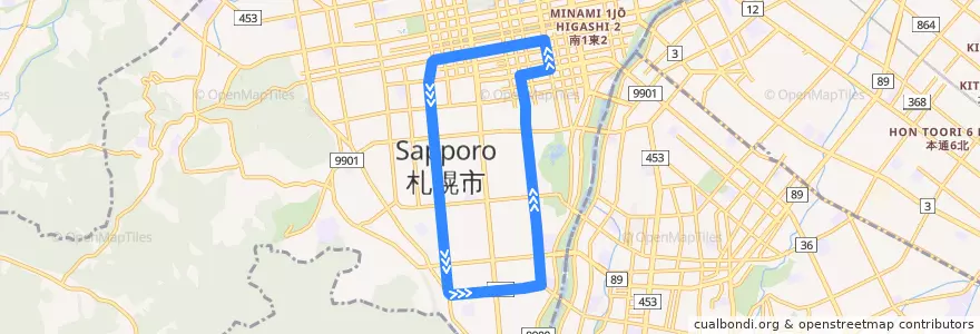 Mapa del recorrido 札幌市電 外回り de la línea  en 中央区.