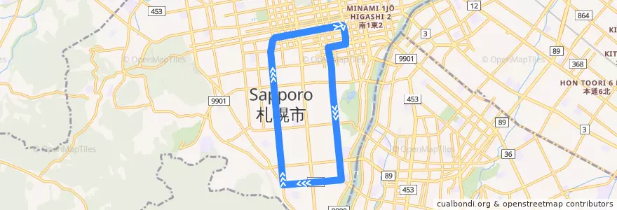 Mapa del recorrido 札幌市電 内回り de la línea  en 中央区.