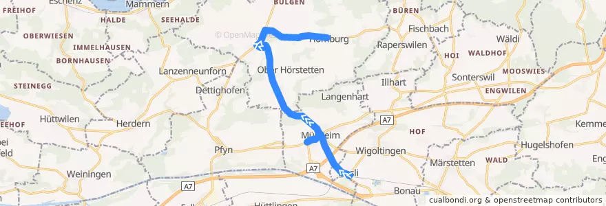 Mapa del recorrido Bus 831: Müllheim-Wigoltingen, Bahnhof => Homburg, Dorf de la línea  en Bezirk Frauenfeld.