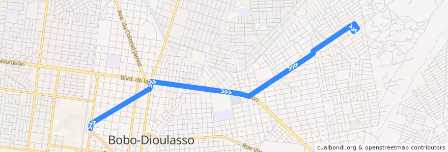 Mapa del recorrido 6: Place Tiéfo Amoro→Terminus Bindougousso de la línea  en Уэ.