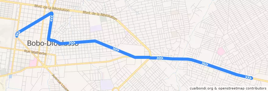 Mapa del recorrido 4: Place Tiéfo Amoro→Terminus secteurs 24 & 25 de la línea  en Уэ.