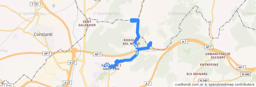 Mapa del recorrido L55 St. Pere i St. Pau - Rodolat del Moro de la línea  en Tarragonais.