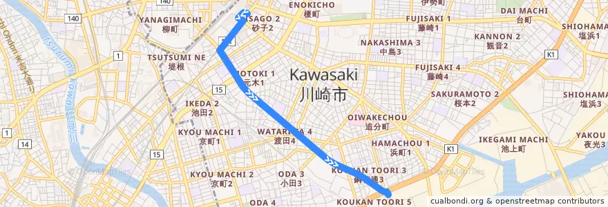 Mapa del recorrido 渡田線　川崎駅 => JFE de la línea  en Kawasaki Ward.