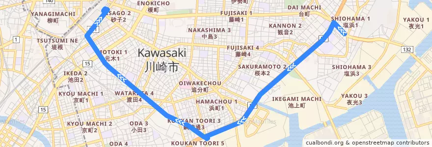 Mapa del recorrido 渡田線　塩浜営業所前 => 川崎駅 de la línea  en 川崎区.