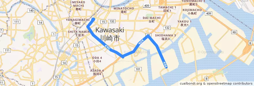 Mapa del recorrido 渡田線　水江町 => 川崎駅 de la línea  en 川崎区.